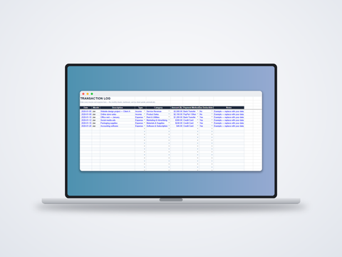 TidySheets transaction log spreadsheet with dropdown menus for category, payment method and tax-deductible status, shown on a MacBook