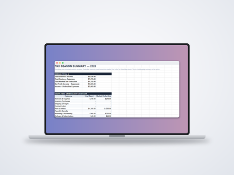 TidySheets tax prep summary sheet totaling small business income and deductible expenses by category, shown on a MacBook